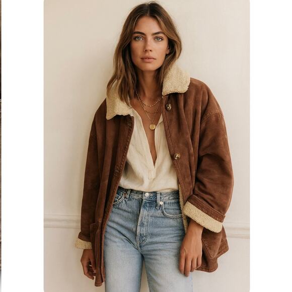 Vintage J.Jill Chocolate Brown Genuine Suede Chore Coat Shearling  Lined Boho - Picture 1 of 10